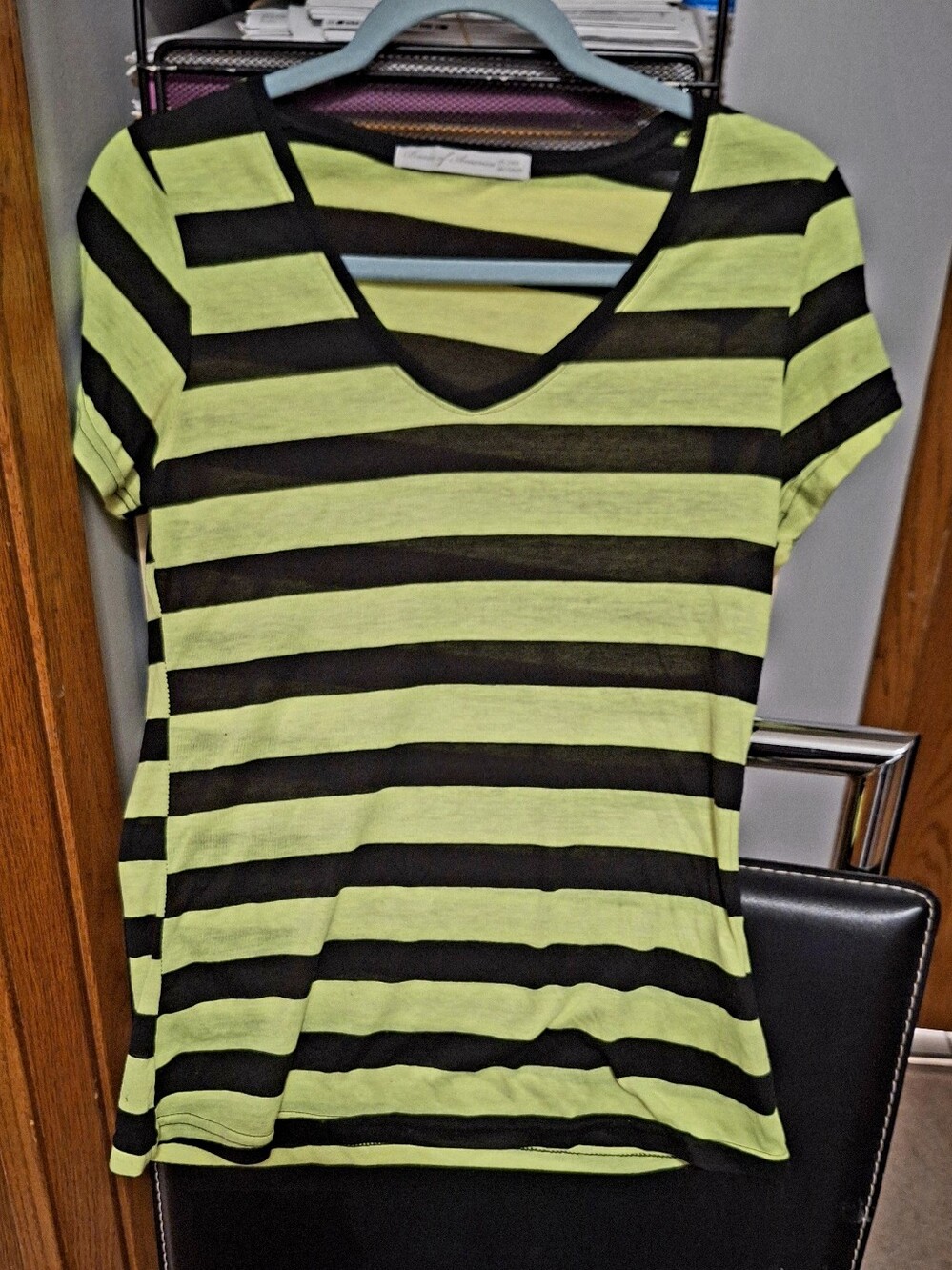 Striped V-Neck Short Sleeve Top in Lime and Black